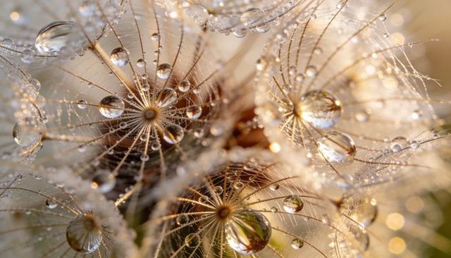 Dew-laden seed puffs catching golden morning light, macro droplets on radiating filaments