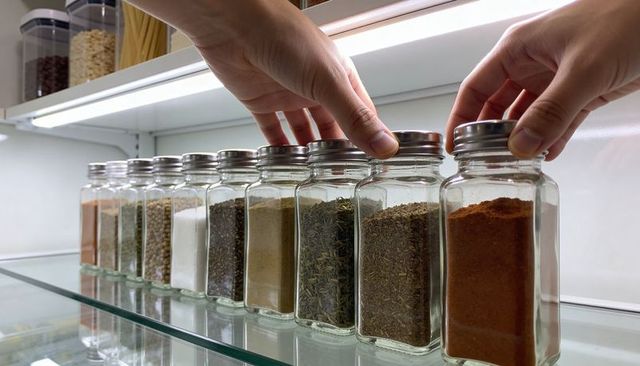 Turning hands organizing glass spice jars on illuminated pantry shelf for kitchen storage