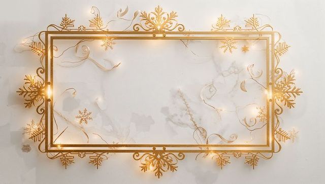 Ornate Gold Filigree Frame with Snowflake Scrollwork and Twinkling Fairy Lights