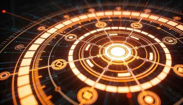 Pulsing Circular HUD Interface Glowing Amber with Rotating Core Rings and Radial Nodes