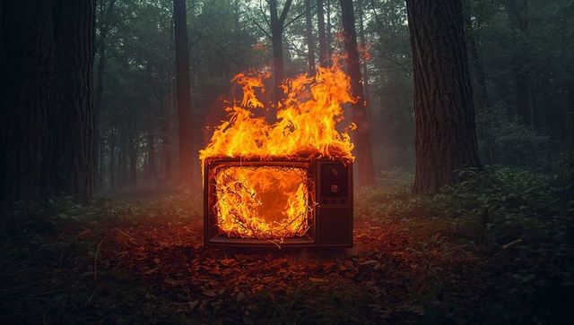 Burning Vintage Television in Misty Forest, Surreal Wilderness Concept