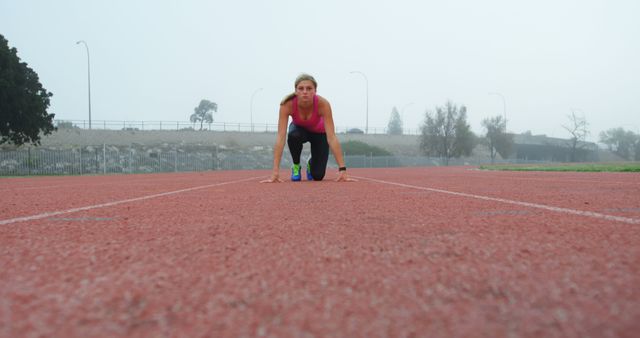 Female athlete preparing for a race on a foggy track - Download Free Stock Images Pikwizard.com