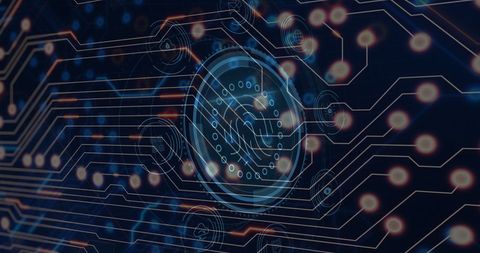 Visualizing a complex network of digital connections, features a prominent digital fingerprint representing the concept of cybersecurity. Ideal for emphasizing technological advancement, modern security systems, or discussing global digital business strategies. Suitable for tech company presentations, cybersecurity workshops, or articles related to data protection and security technology.