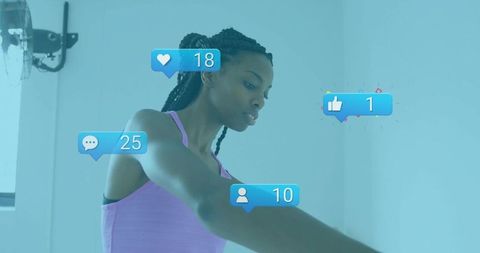 Energetic Woman Exercising with Digital Engagement Icons