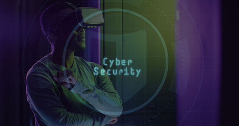 Cybersecurity in data center with technician and digital elements