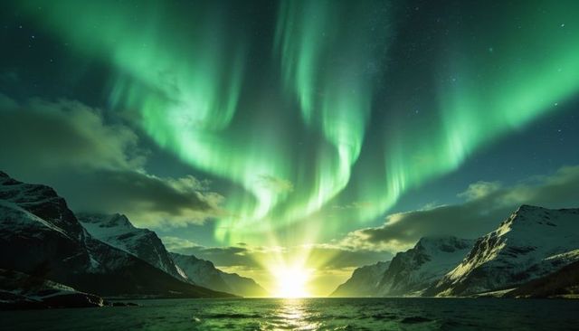 Aurora borealis dancing over snowy arctic fjord, sun glow reflecting on calm polar water