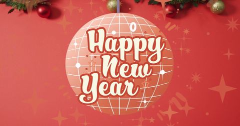 happy new year text over disco ball and festive decorations - Download Free Stock Images Pikwizard.com