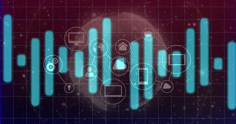 Futuristic data visualization: glowing cyan bars and tech icons and cloud nodes over digital globe