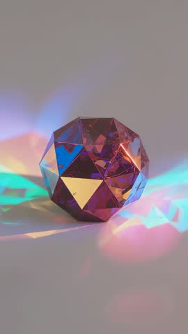 Faceted crystal prism refracting cyan magenta light, casting iridescent prismatic glow