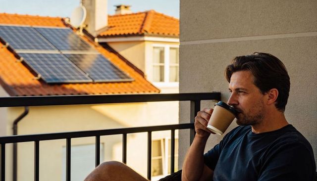 Man enjoying coffee on balcony while overlooking solar panels on neighboring rooftop