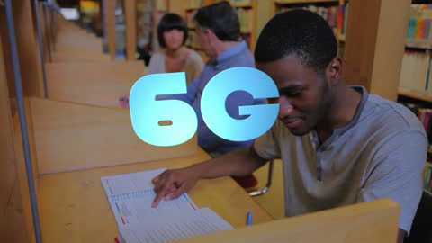 6G Technology and African American Student Studying in College Library