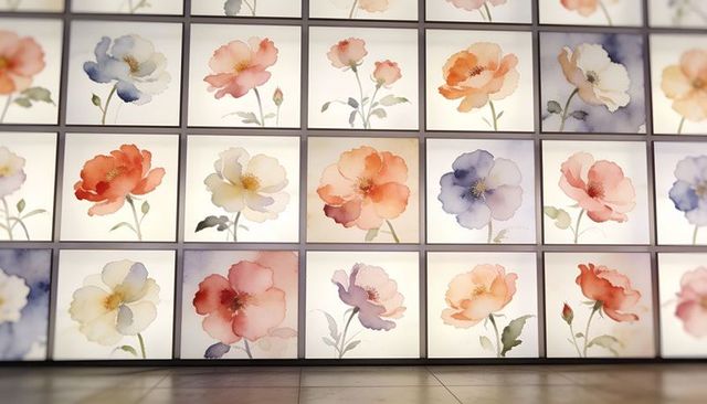 Backlit floral panels displaying watercolor poppies and pastel blooms in modern lobby