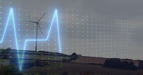 Wind turbine standing on rural ridge generating digital energy pulse with grid overlay