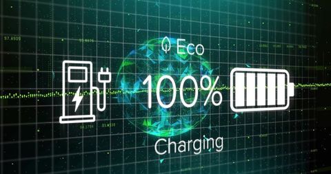 Futuristic ev charging interface showing 100% eco battery globe hud