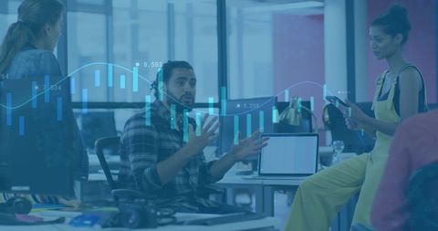 Data Analysis in Modern Office with Diverse Team Discussing Solutions