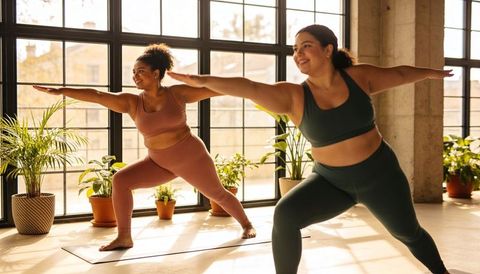 Plus-size women practicing warrior ii yoga flow in sunlit loft studio with green plants