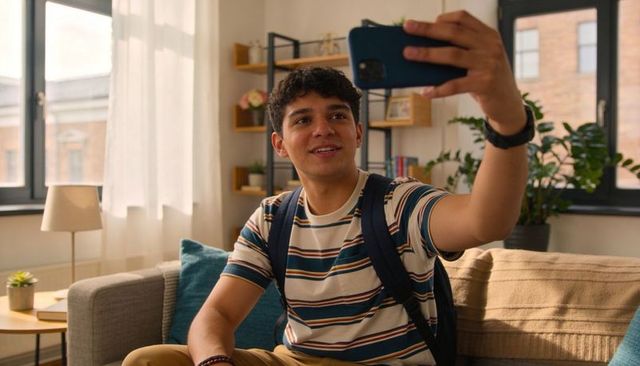Teenager taking selfie on sofa in bright urban apartment with backpack and striped shirt