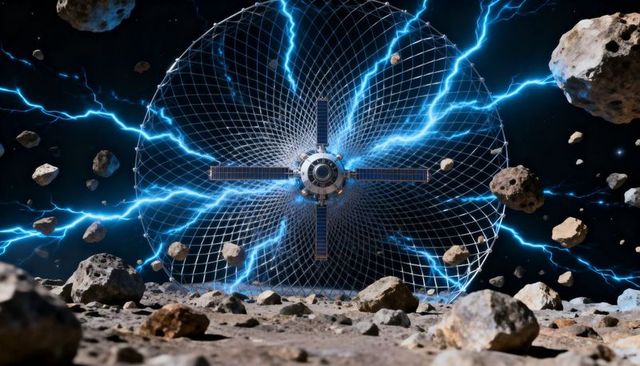 Deploying orbital mesh hub radiating blue plasma arcs over lunar regolith and asteroids