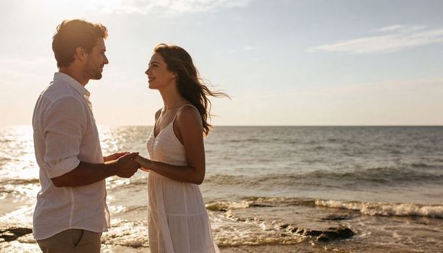 Couple holding hands gazing at ocean horizon during golden hour on sandy beach