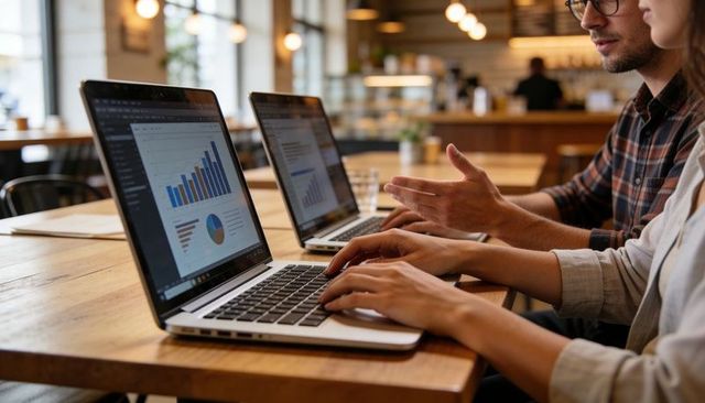 Collaborating on data in coffee shop using laptops displaying analytics, charts and growth