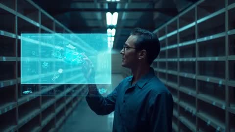 Engineer Using Holographic Interface in Warehouse for Data Analysis