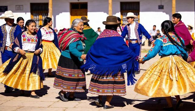 Dancing andean women celebrating traditional polleras and colorful shawls in sunlit plaza