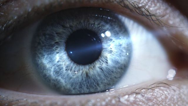Macro blue-gray iris closeup revealing radial fibers, pupil reflection and tear droplet