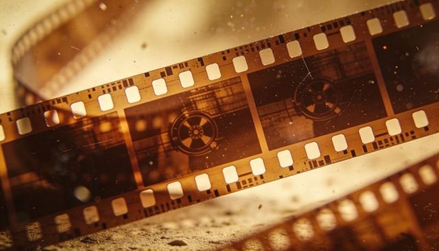 Vintage 35mm film strip with countdown leader, sepia grain and sprocket perforations