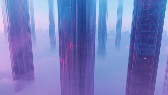 Futuristic glass skyscrapers illuminated above pastel clouds