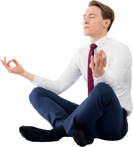 Transparent zen businessman meditating in office attire