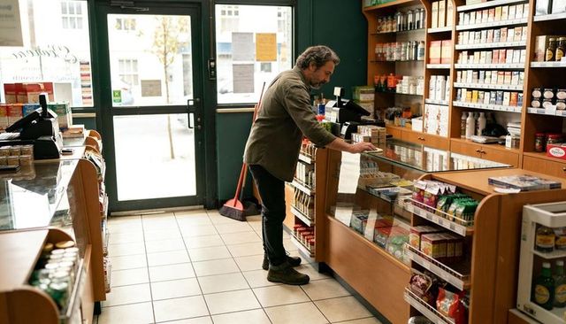 Independent shopkeeper leaning at glass counter in cozy neighborhood corner store