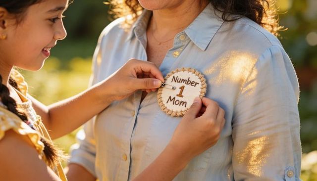 Daughter pinning number 1 mom badge on sunlit mother in backyard