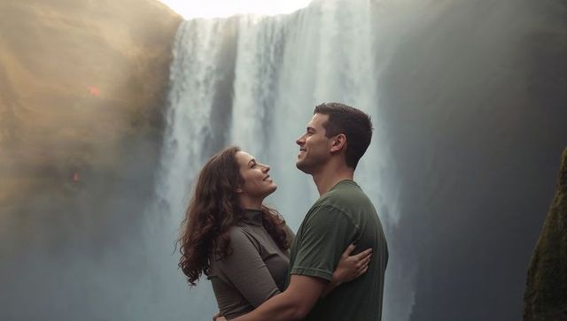 Romantic Couple Embracing at Misty Waterfall with Sunlight Rays and Mossy Cliff