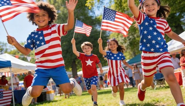 Energetic children running with american flags at outdoor independence day festival