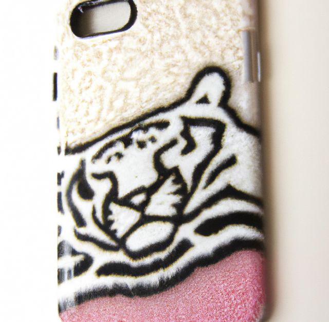 Close up of phone case with tiger pattern on white background. Phone accessories, design and protection.