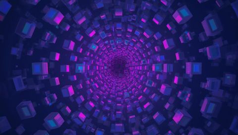 Spiraling neon cube tunnel receding into dark void, voxel grid corridor with depth