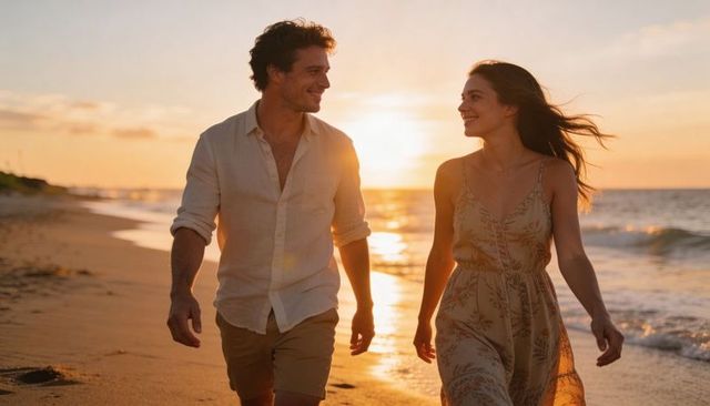 Romantic couple walking sunset beach smiling, golden hour backlight, wet sand reflection