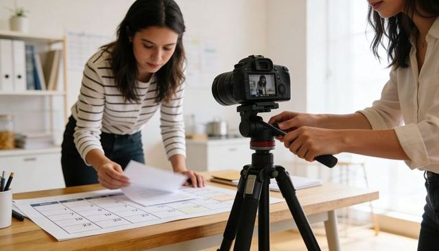 Content Creators Planning Social Media Calendar While Filming with DSLR in Home Studio
