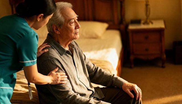 Caregiver supporting senior man sitting on bed edge in warm home care, compassionate nursing