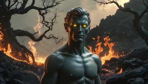 Mystical metallic lucifer in volcanic wasteland