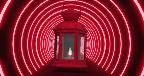 Weathered red lantern casting white led flame in futuristic neon ring tunnel