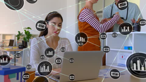 Woman Analyzing Data on Laptop in Modern Office with Digital Connections