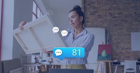 Artist Analyzing Canvas in Rustic Art Studio with Digital Overlay