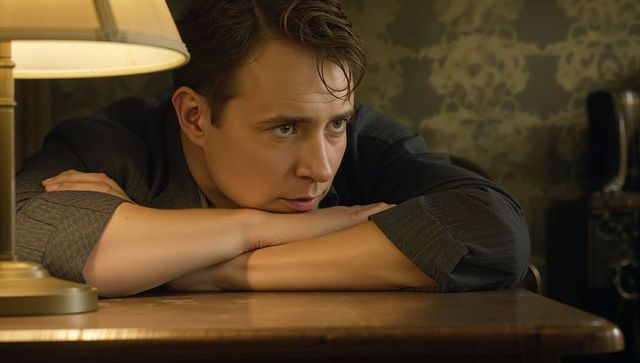 Contemplative Young Man Leaning on Wooden Table Resting Chin under Warm Lamp Light Intimate