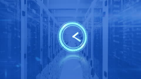 Ticking Neon Clock Overlaying Modern Server Room