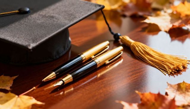 Black gold fountain pens by graduation cap with gold tassel and autumn leaves on wooden desk