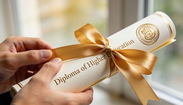 Hands holding rolled diploma with gold ribbon near window bokeh celebrating graduation