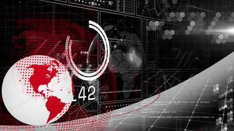 Digital Futuristic Interface with Red Globe and Data Streams