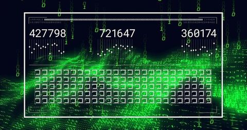 Displaying neon cyber metrics dashboard: three counters, matrix tile grid and binary stream