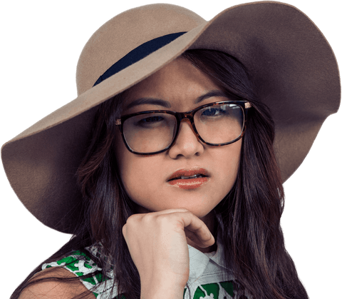 Thoughtful asian woman in hat on transparent background